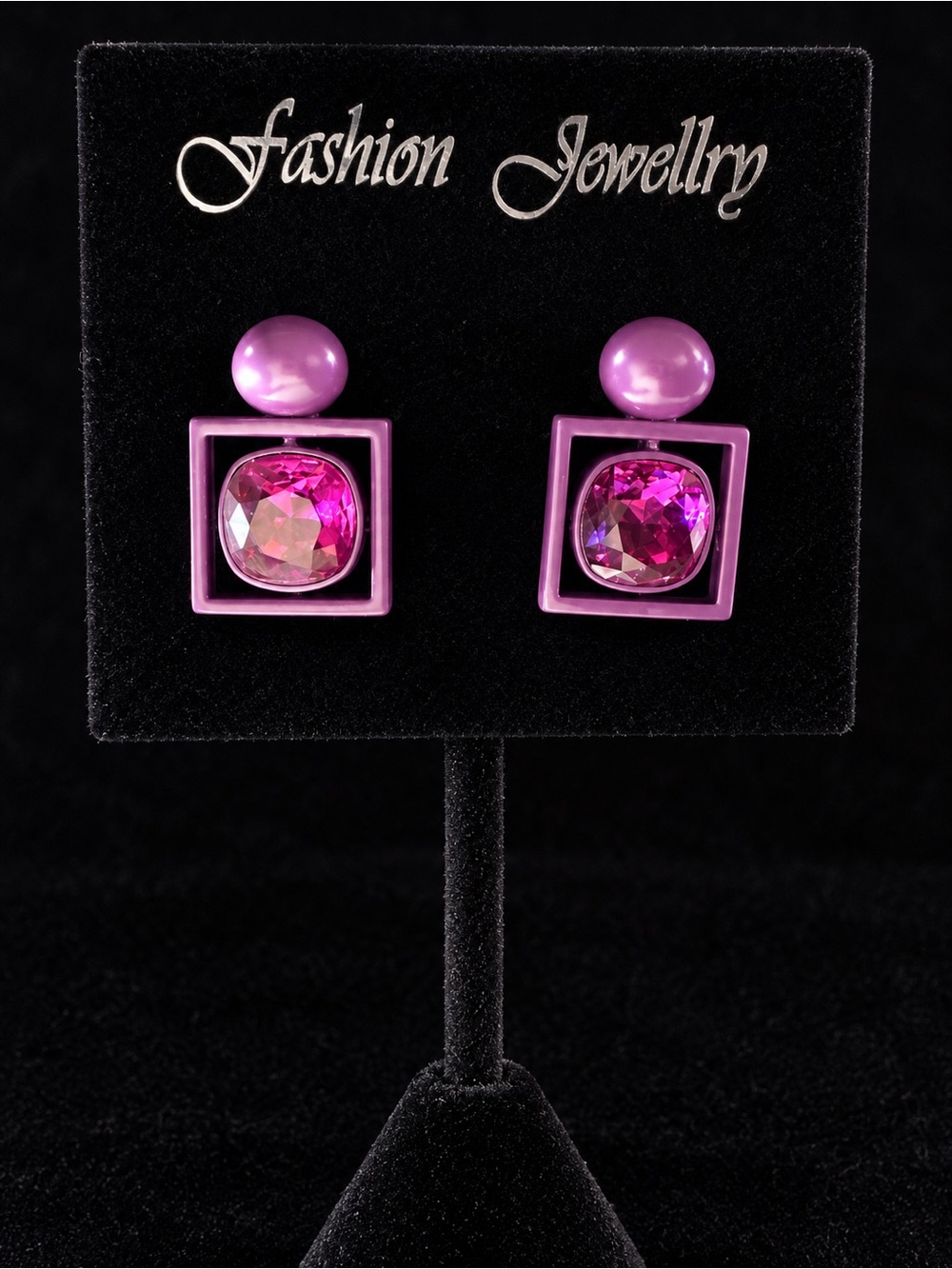 Fashion Jewelry Pink Faceted Crystal and Purple Square Drop Earrings